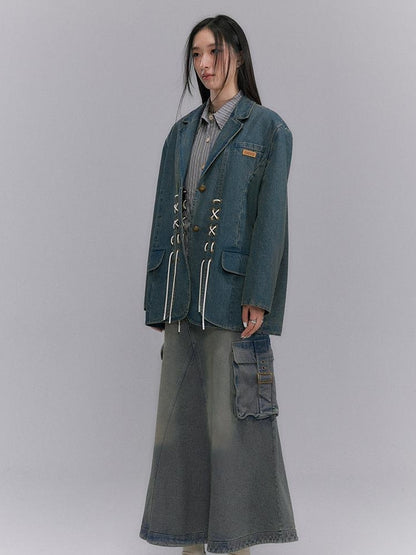 DIDDI MODA Vintage Denim Blazer With Cross Tie Detail