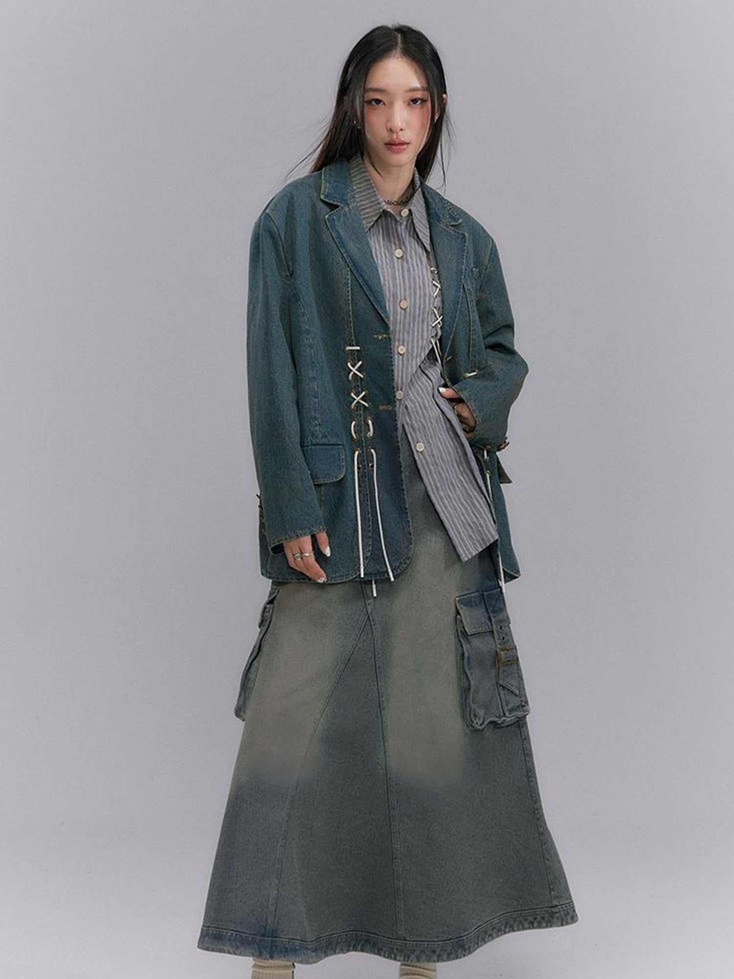 DIDDI MODA Vintage Denim Blazer With Cross Tie Detail