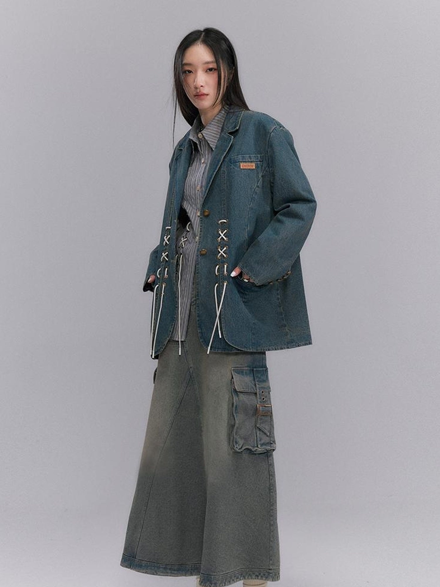 DIDDI MODA Vintage Denim Blazer With Cross Tie Detail