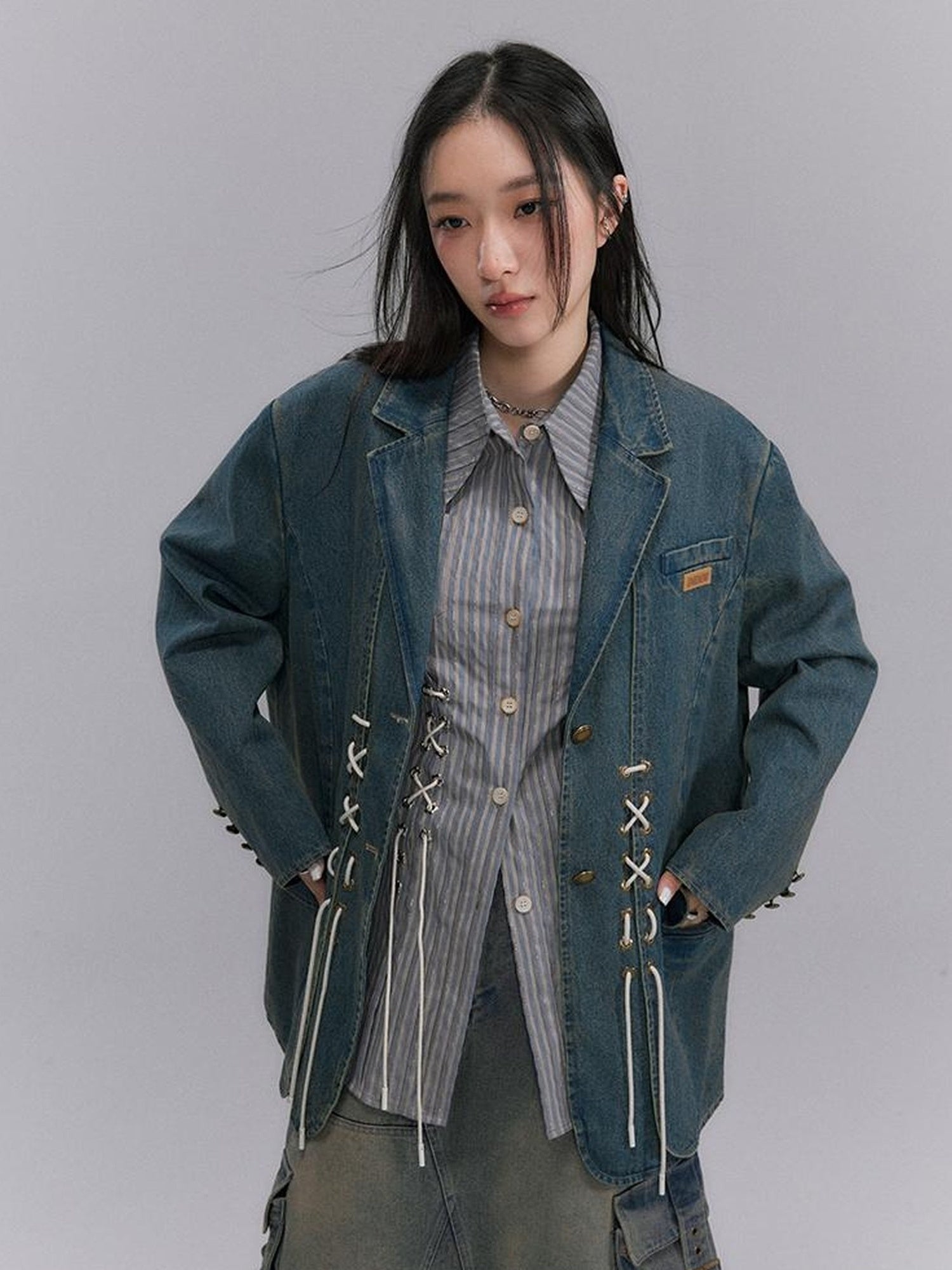 DIDDI MODA Vintage Denim Blazer With Cross Tie Detail