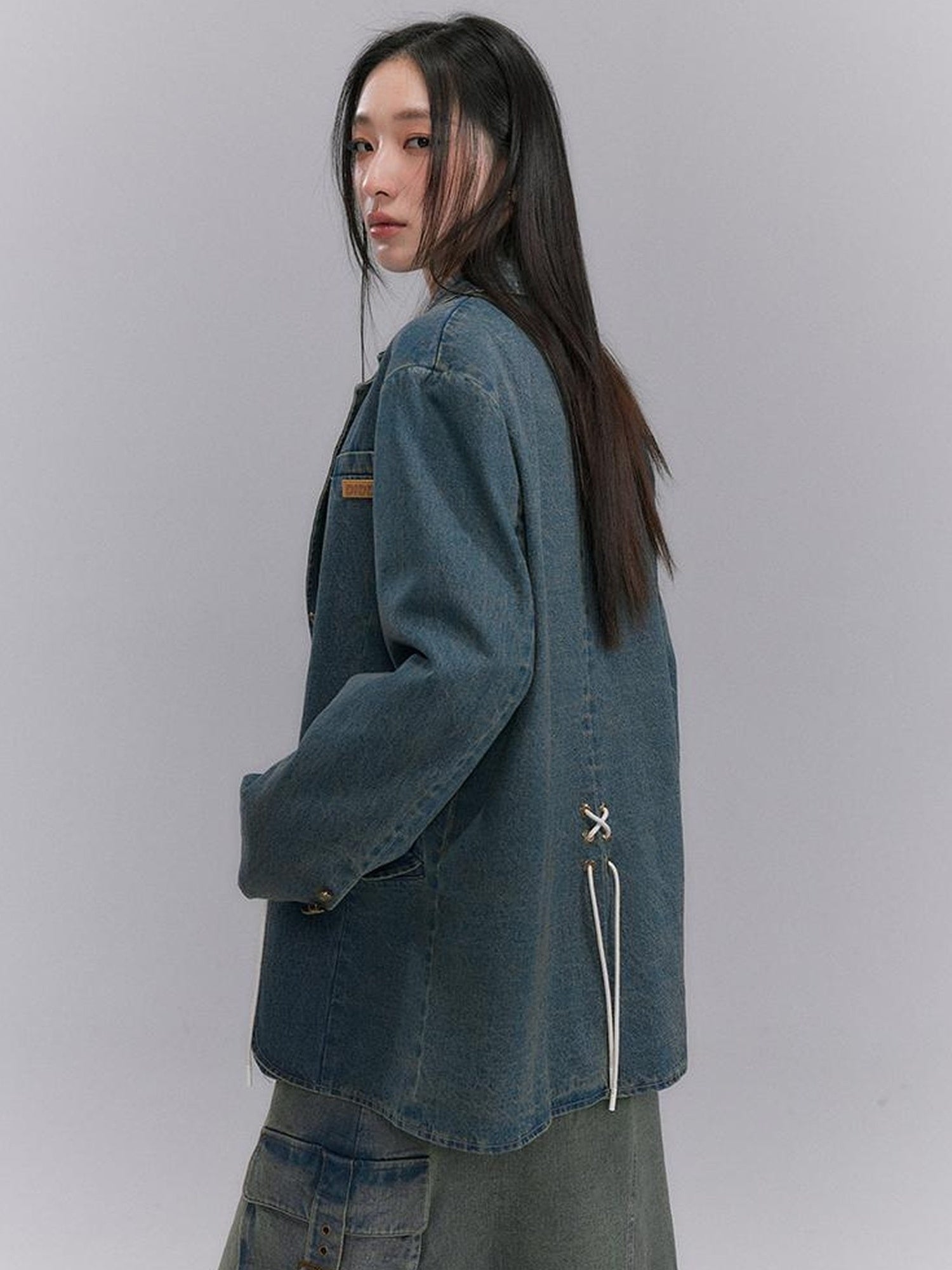 DIDDI MODA Vintage Denim Blazer With Cross Tie Detail