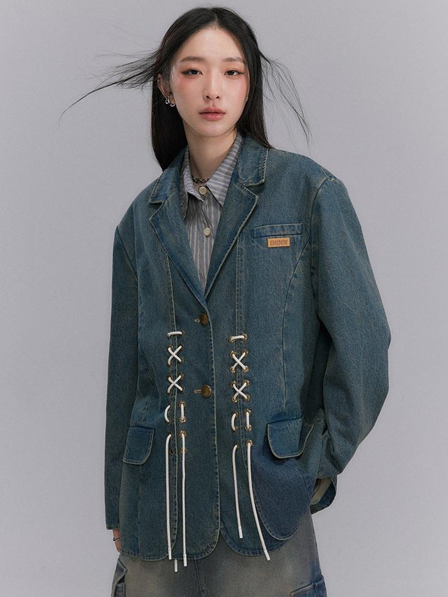 DIDDI MODA Vintage Denim Blazer With Cross Tie Detail