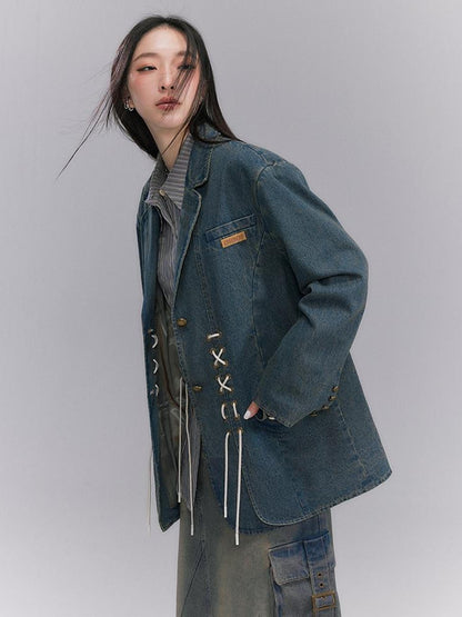 DIDDI MODA Vintage Denim Blazer With Cross Tie Detail