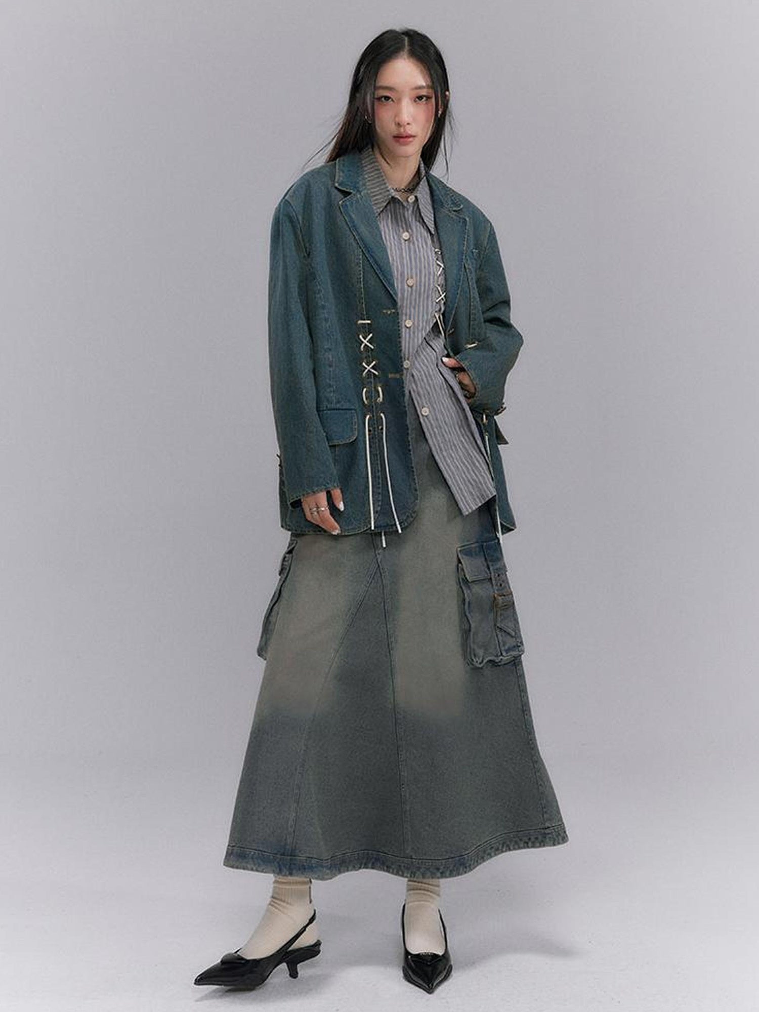 DIDDI MODA Vintage Denim Blazer With Cross Tie Detail