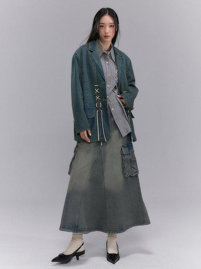 DIDDI MODA Vintage Denim Blazer With Cross Tie Detail