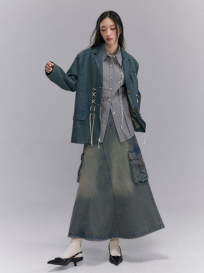 DIDDI MODA Vintage Denim Blazer With Cross Tie Detail