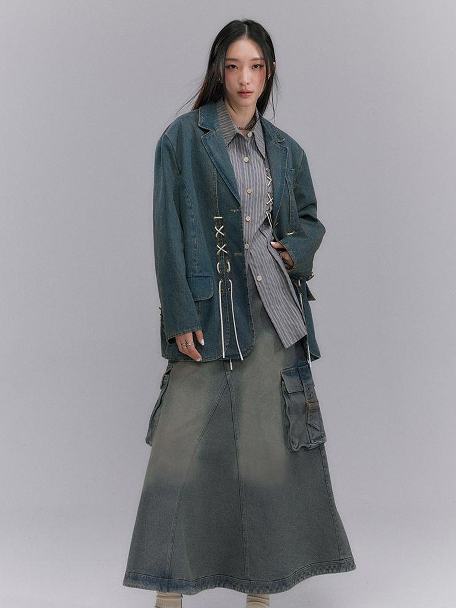 DIDDI MODA Vintage Denim Blazer With Cross Tie Detail