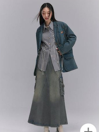 DIDDI MODA Vintage Denim Blazer With Cross Tie Detail