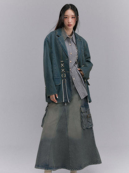 DIDDI MODA Vintage Denim Blazer With Cross Tie Detail