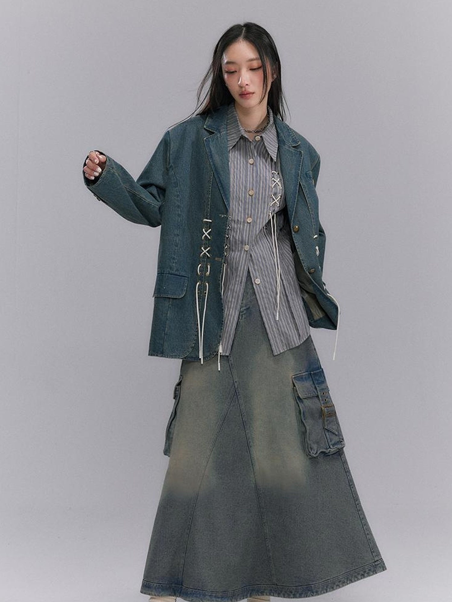 DIDDI MODA Vintage Denim Blazer With Cross Tie Detail