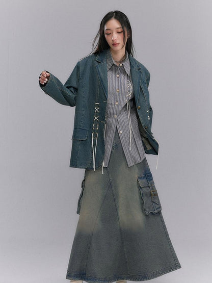 DIDDI MODA Vintage Denim Blazer With Cross Tie Detail