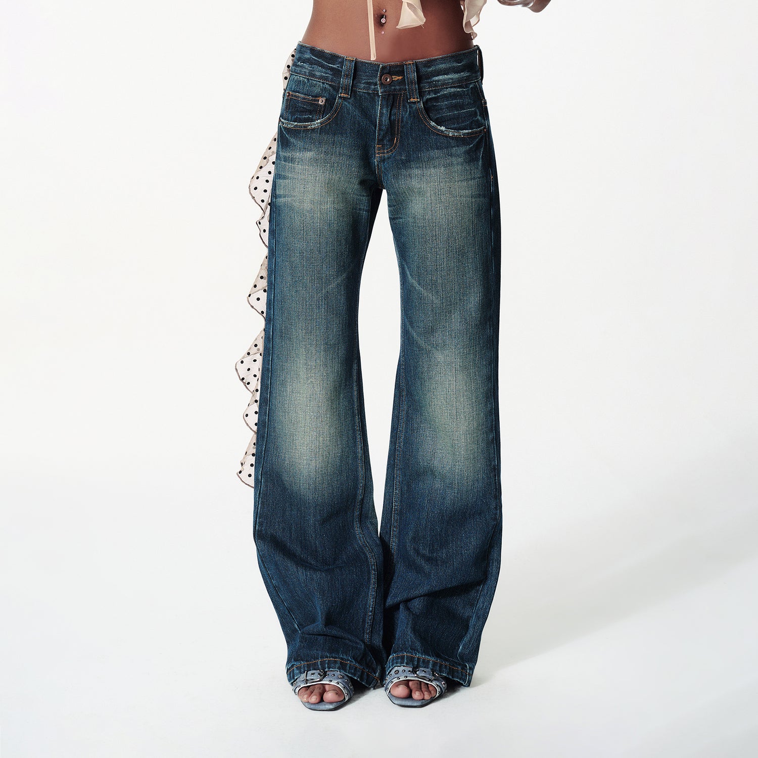 2th Desire Vintage Washed Distressed Low Rise Embroidered Denim Pants