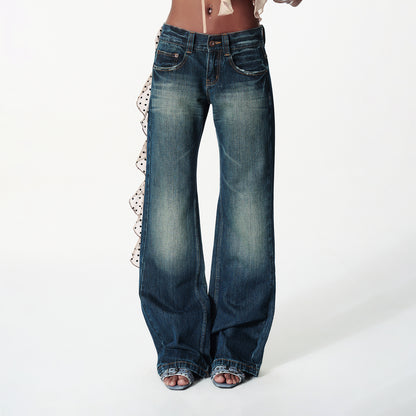 2th Desire Vintage Washed Distressed Low Rise Embroidered Denim Pants