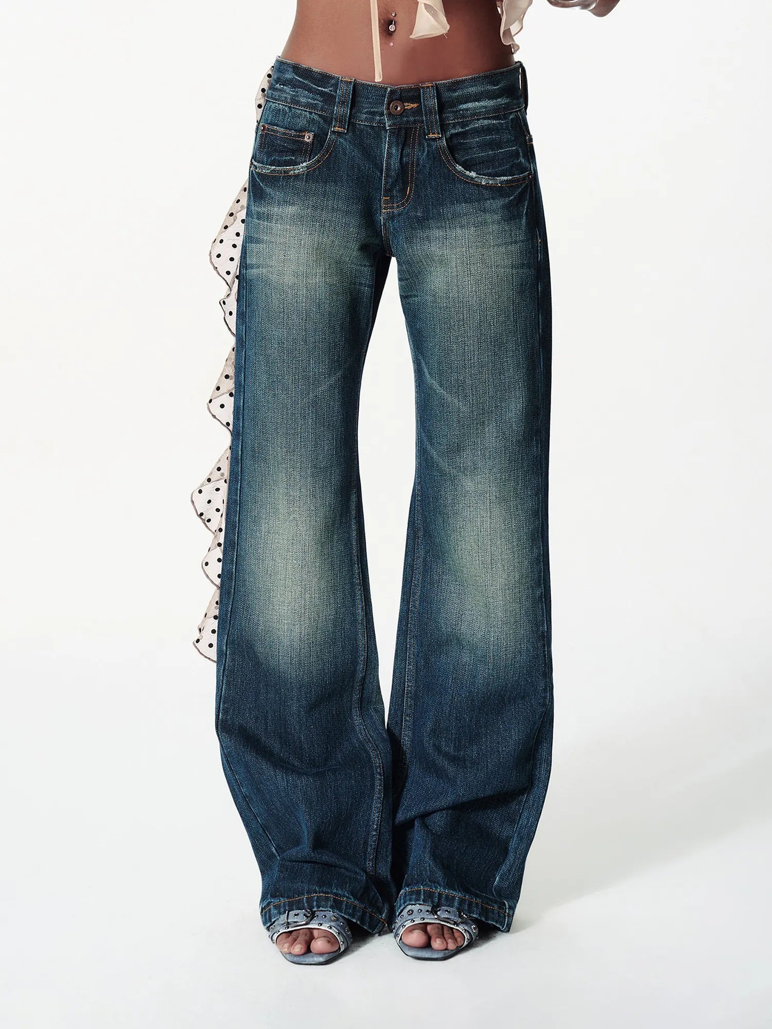 Vintage Washed Distressed Low Rise Embroidered Denim Pants