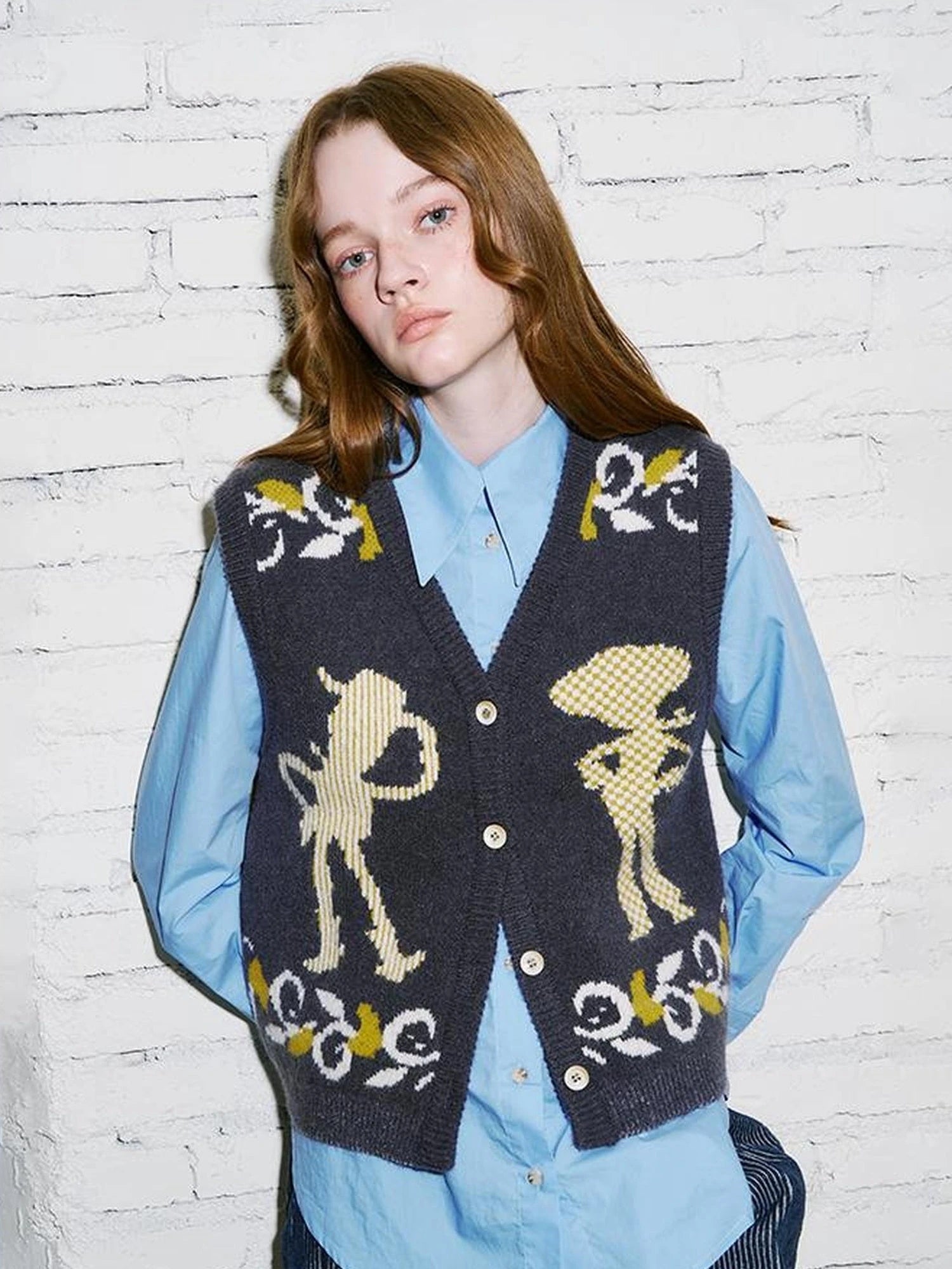 Vintage Denim Knit Vest With Floral And Cartoon Jacquard Texture