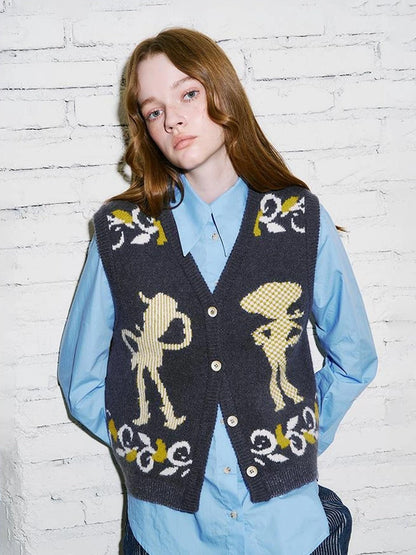 Vintage Denim Knit Vest With Floral And Cartoon Jacquard Texture