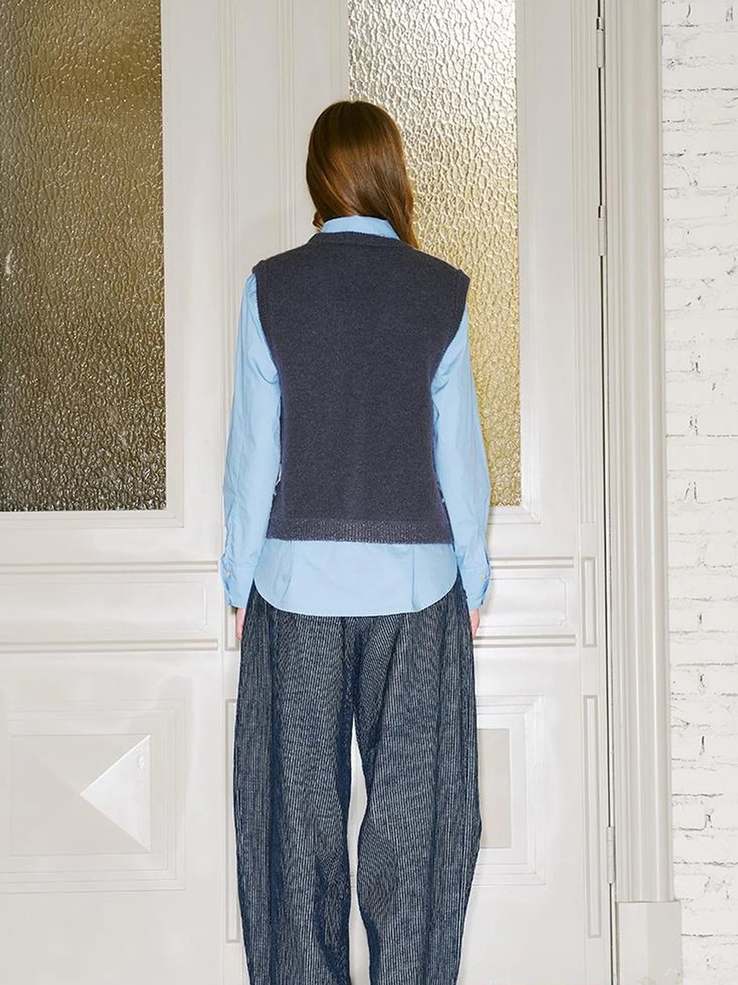 Vintage Denim Knit Vest With Floral And Cartoon Jacquard Texture