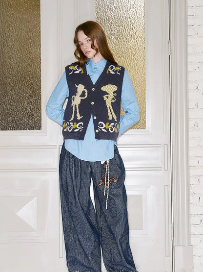 Vintage Denim Knit Vest With Floral And Cartoon Jacquard Texture