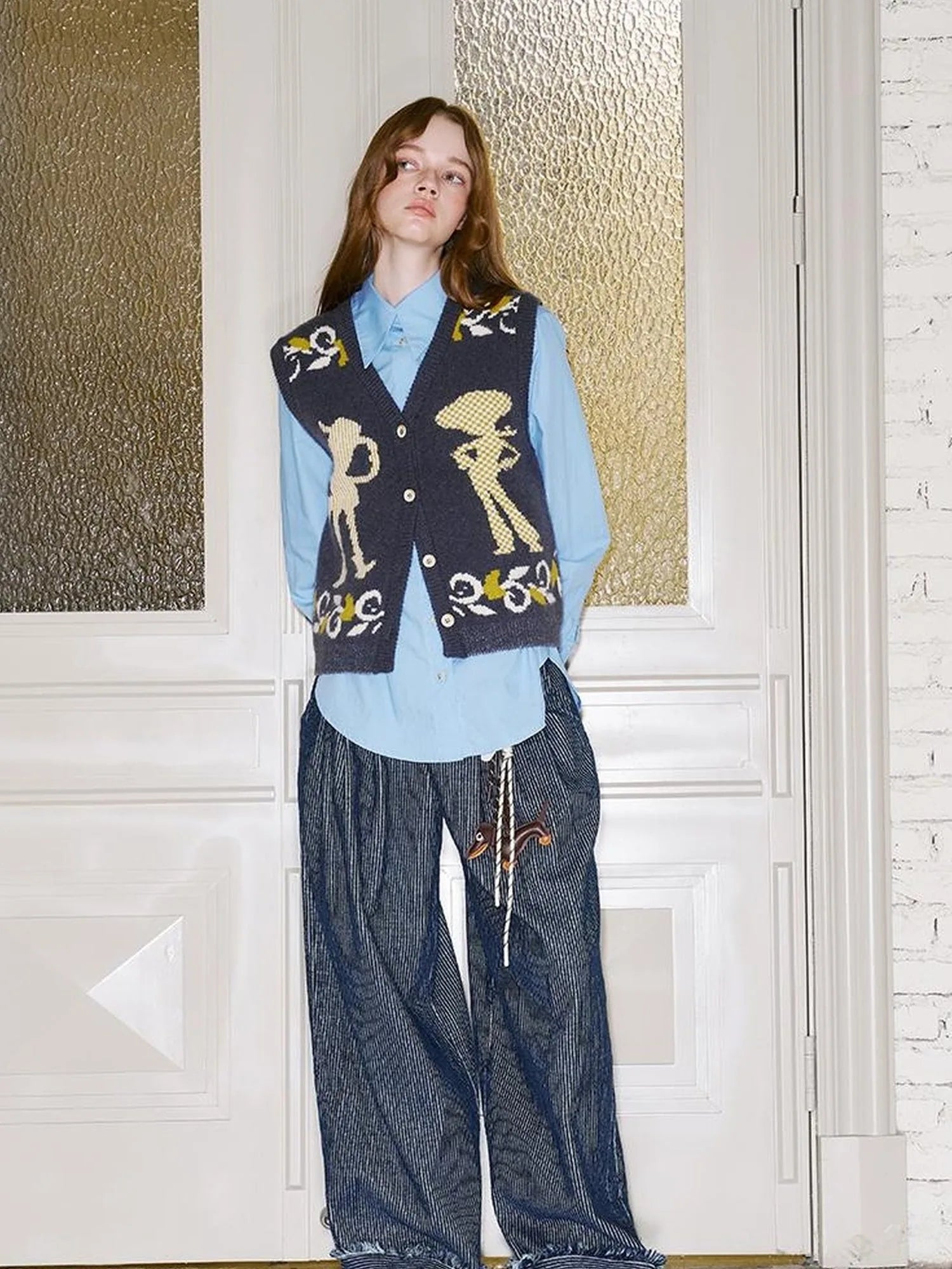 Vintage Denim Knit Vest With Floral And Cartoon Jacquard Texture