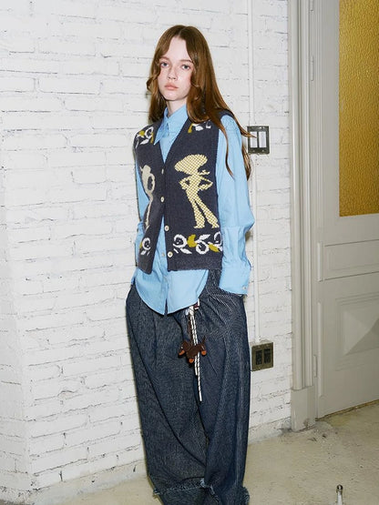 Vintage Denim Knit Vest With Floral And Cartoon Jacquard Texture