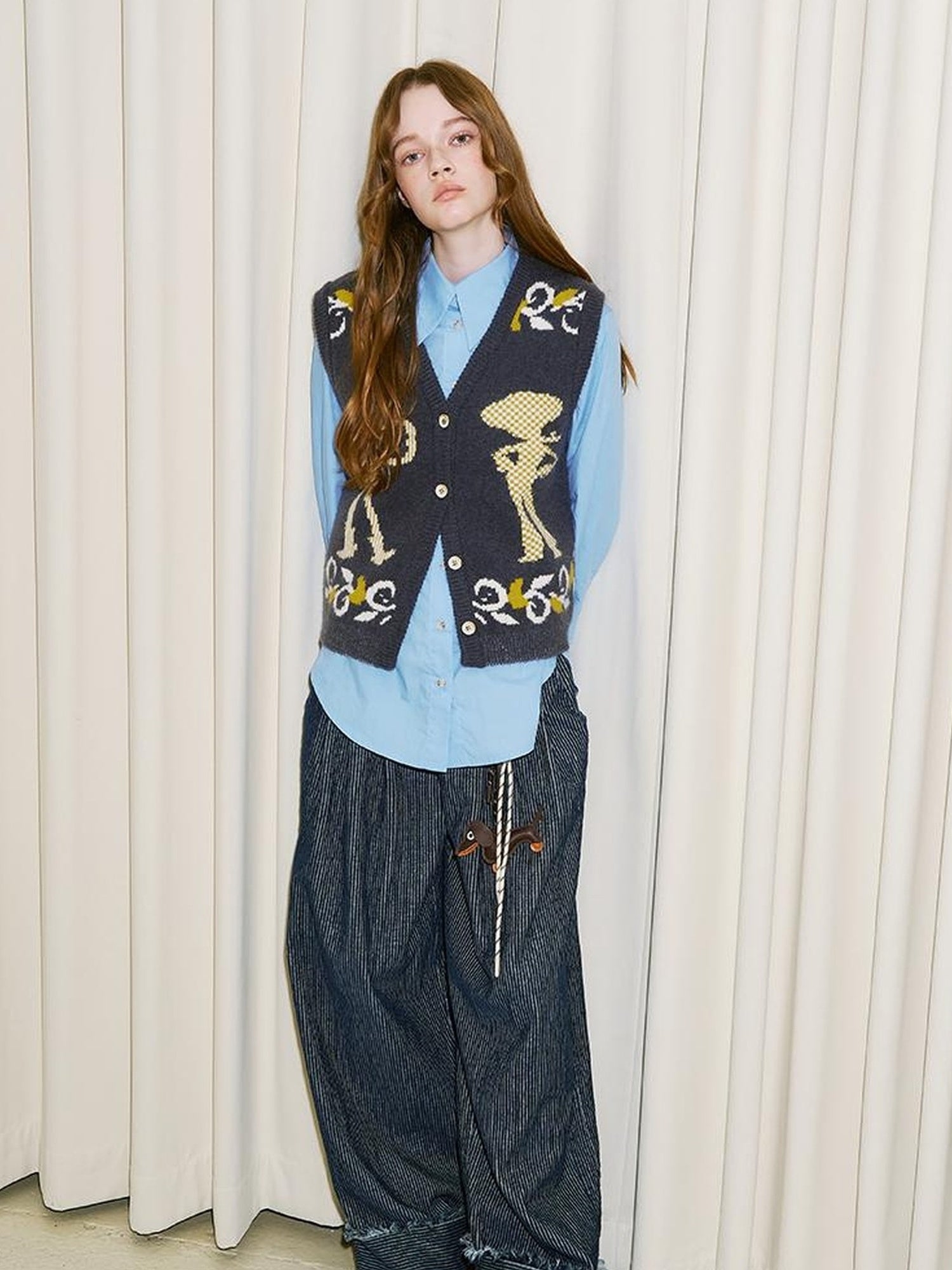 DIDDI MODA Vintage Denim Knit Vest With Floral And Cartoon Jacquard Texture