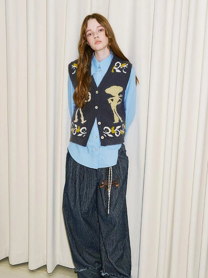 Vintage Denim Knit Vest With Floral And Cartoon Jacquard Texture
