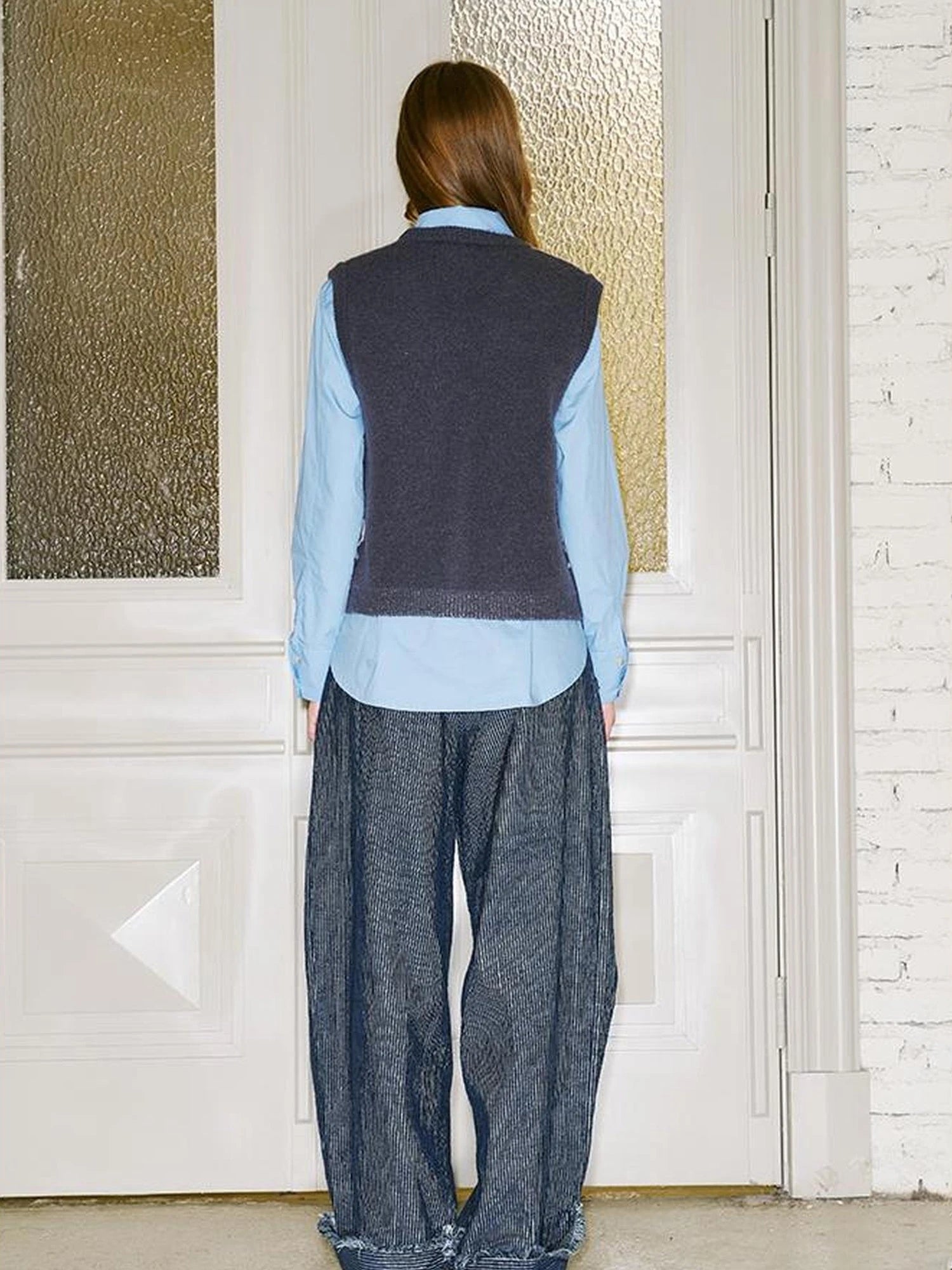 Vintage Denim Knit Vest With Floral And Cartoon Jacquard Texture