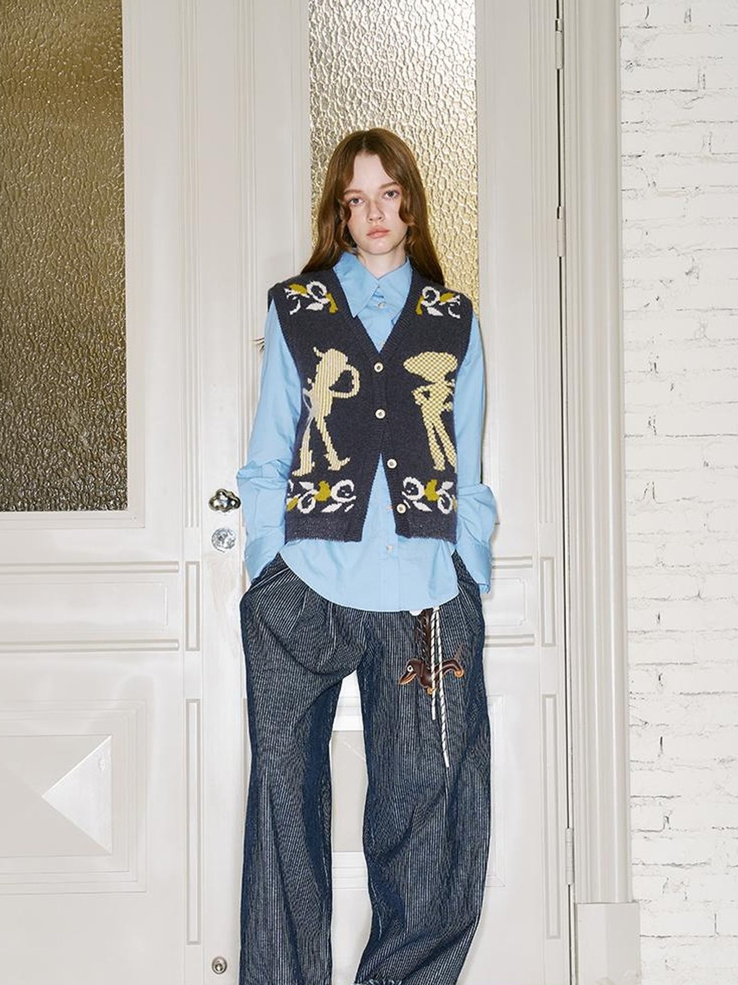 DIDDI MODA Vintage Denim Knit Vest With Floral And Cartoon Jacquard Texture