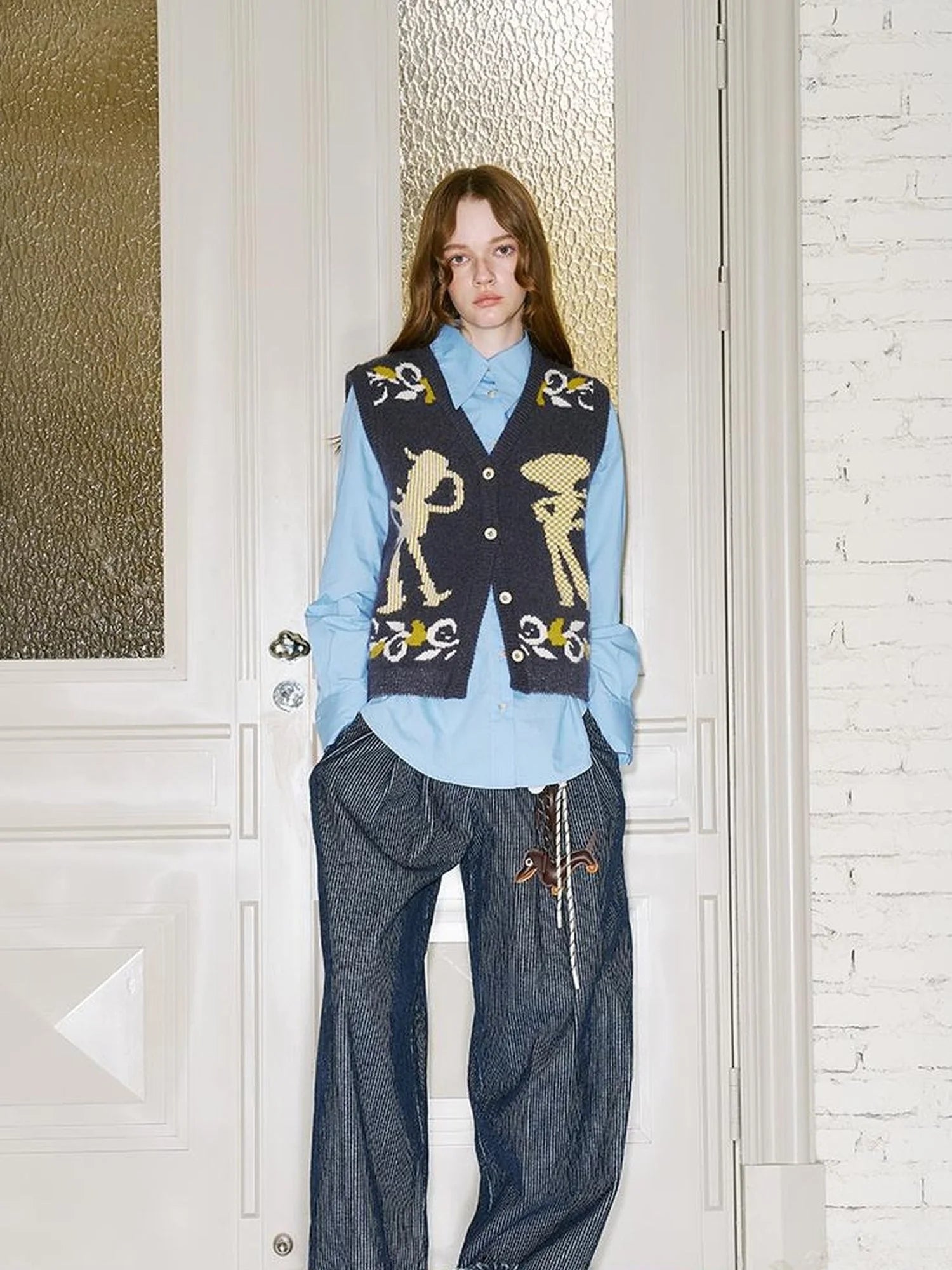 Vintage Denim Knit Vest With Floral And Cartoon Jacquard Texture