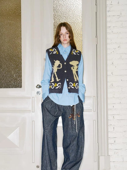 Vintage Denim Knit Vest With Floral And Cartoon Jacquard Texture