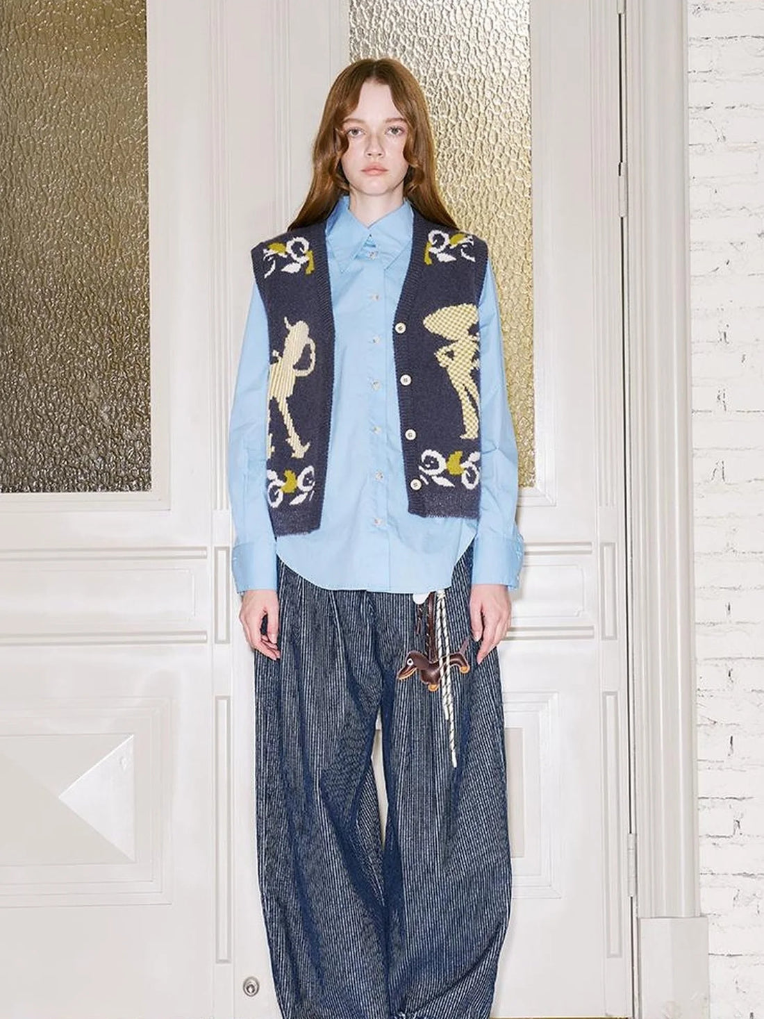 Vintage Denim Knit Vest With Floral And Cartoon Jacquard Texture