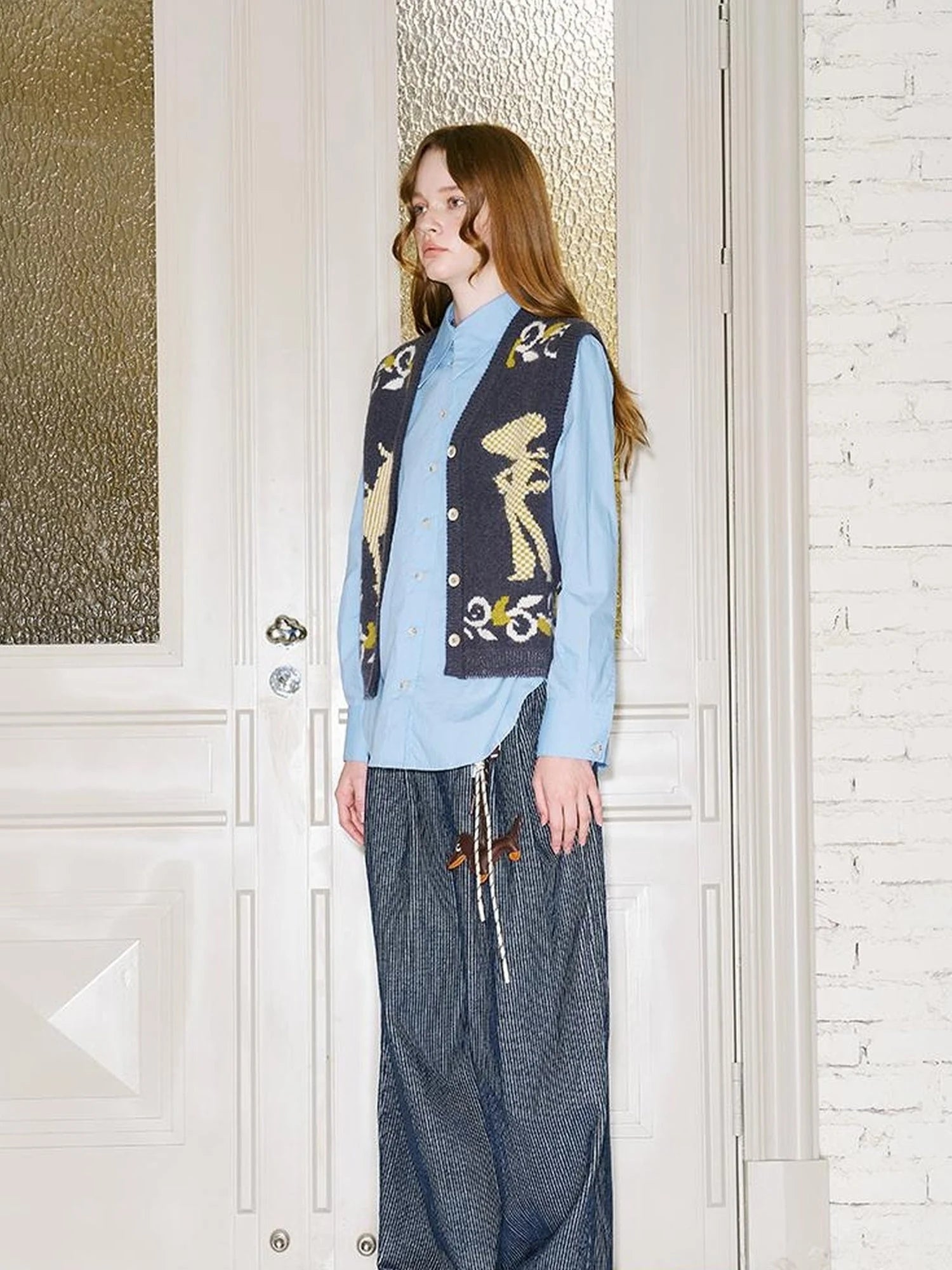 Vintage Denim Knit Vest With Floral And Cartoon Jacquard Texture