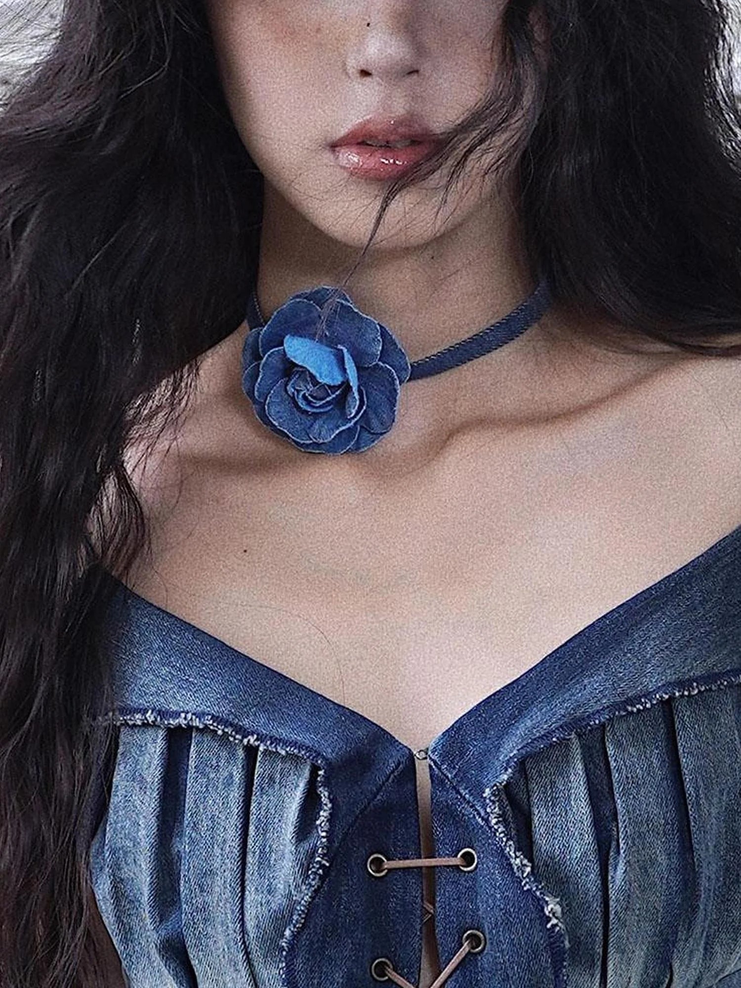 Vintage Denim Rose Adjustable Necklace