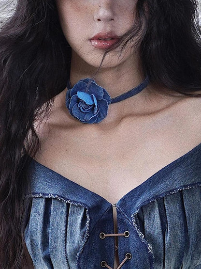Vintage Denim Rose Adjustable Necklace