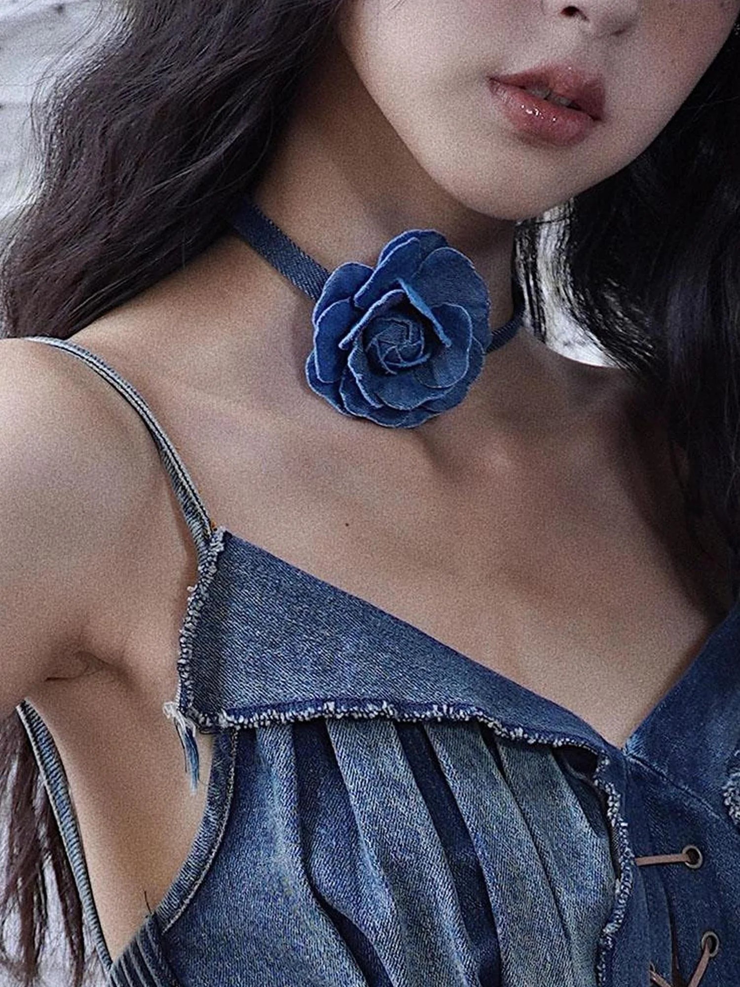Vintage Denim Rose Adjustable Necklace