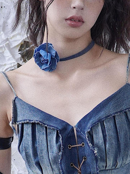 WSW WUSHENWU Vintage Denim Rose Adjustable Necklace