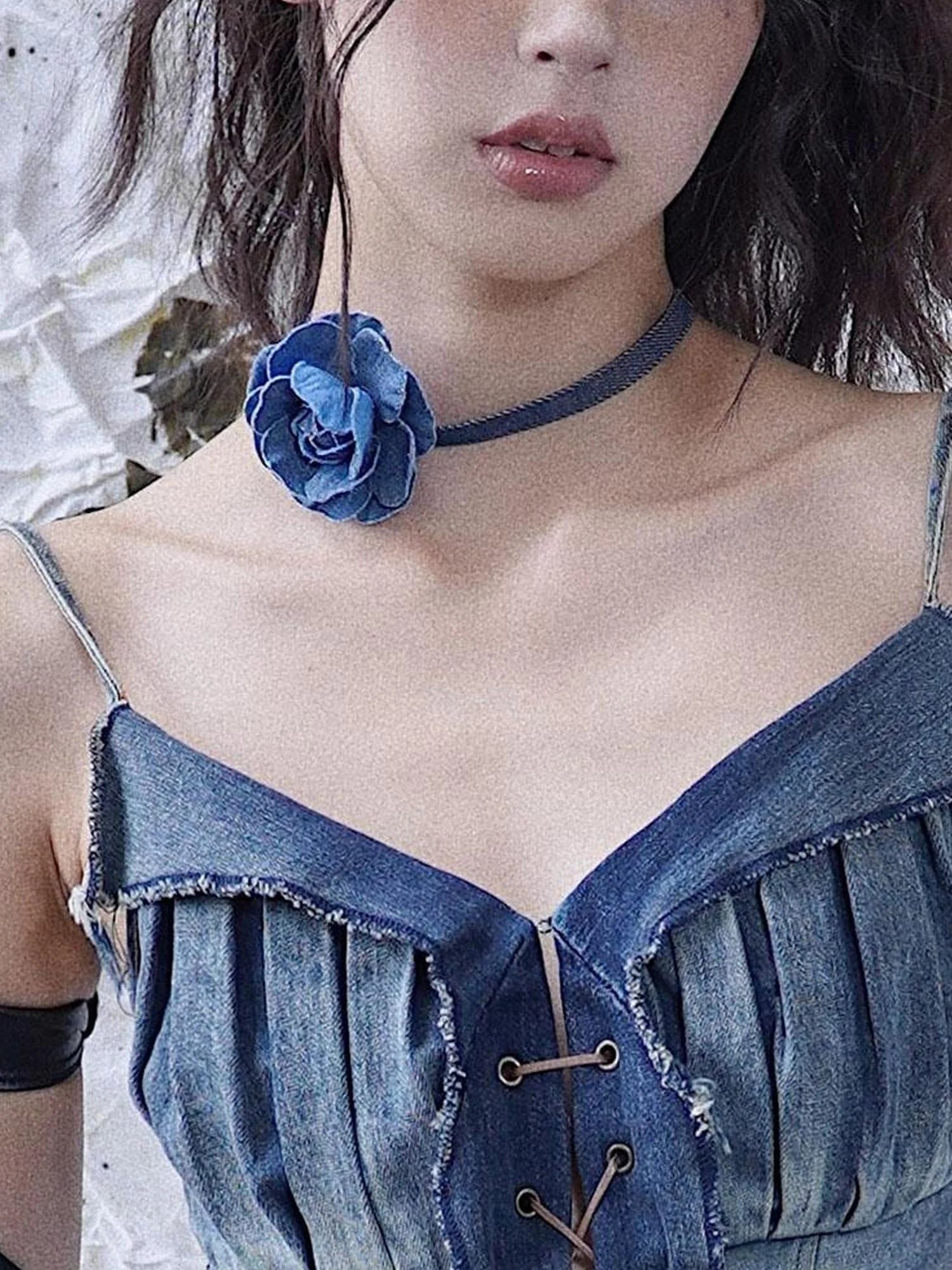 Vintage Denim Rose Adjustable Necklace