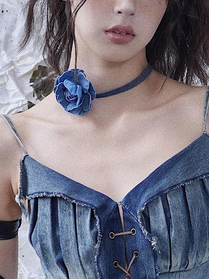Vintage Denim Rose Adjustable Necklace