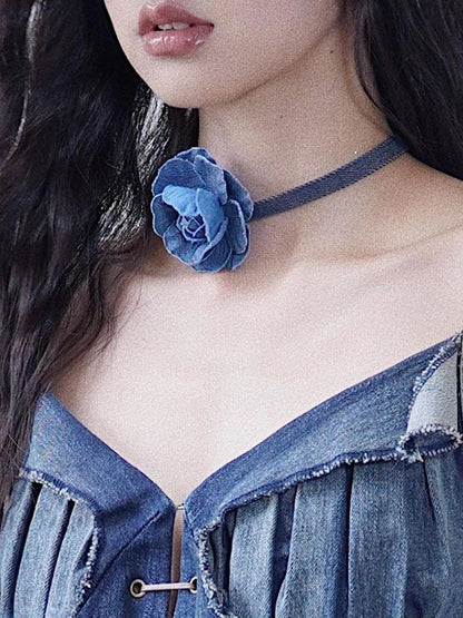 Vintage Denim Rose Adjustable Necklace