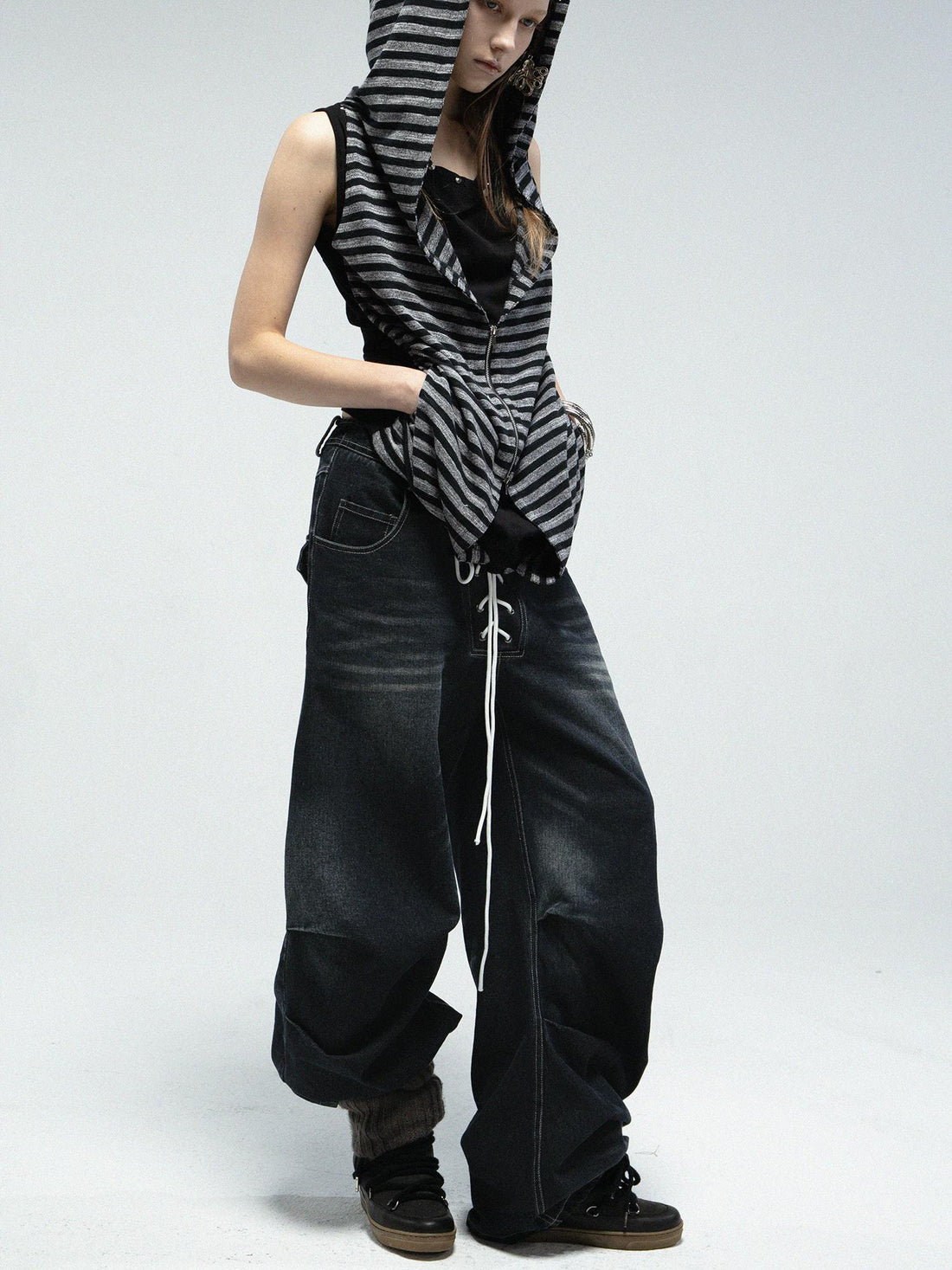 Vintage Distressed Blue Black Wide Leg Jeans Pants