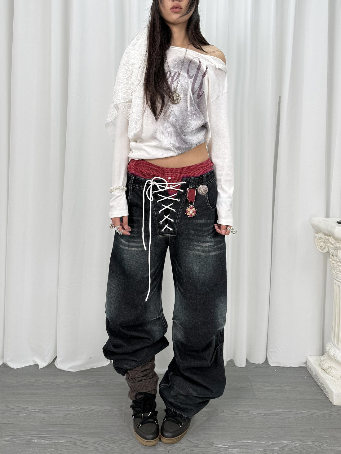 Vintage Distressed Blue Black Wide Leg Jeans Pants