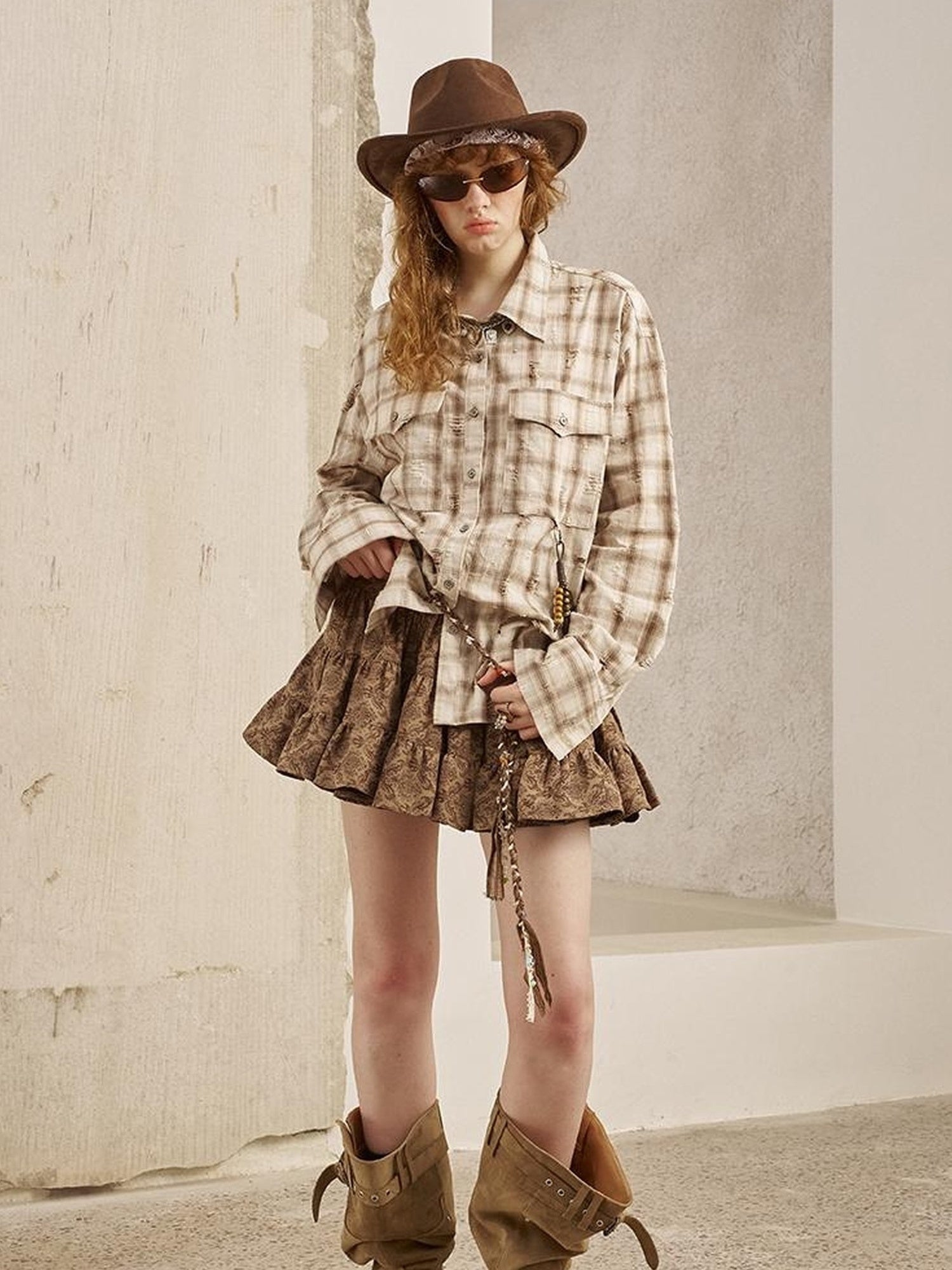 DIDDI MODA Vintage Distressed Check Pocket Shirt