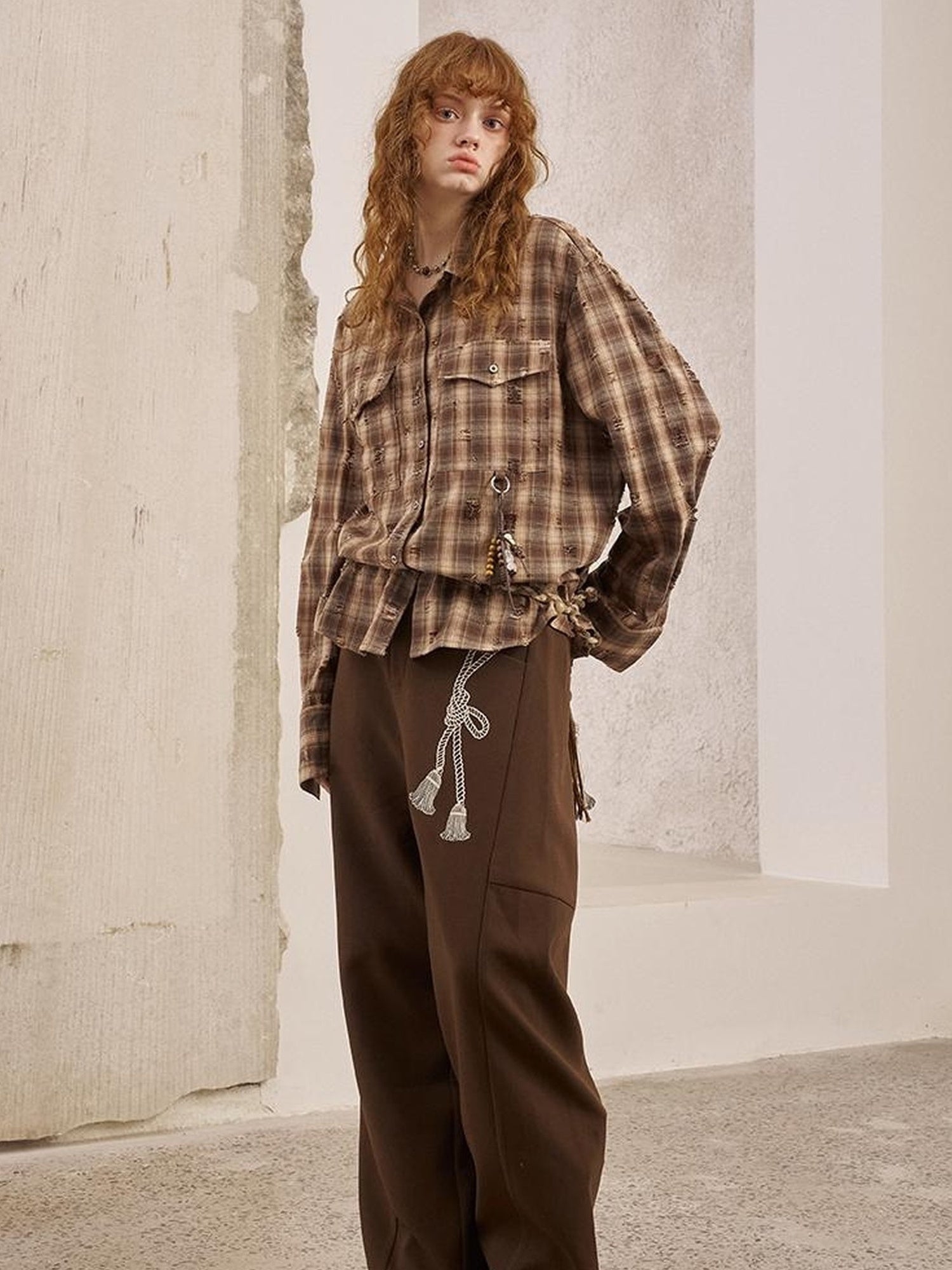 DIDDI MODA Vintage Distressed Check Pocket Shirt