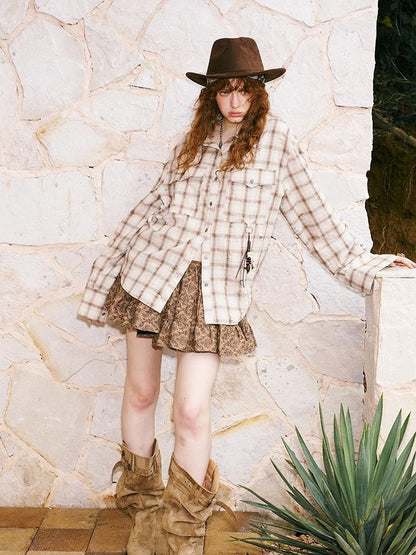 DIDDI MODA Vintage Distressed Check Pocket Shirt