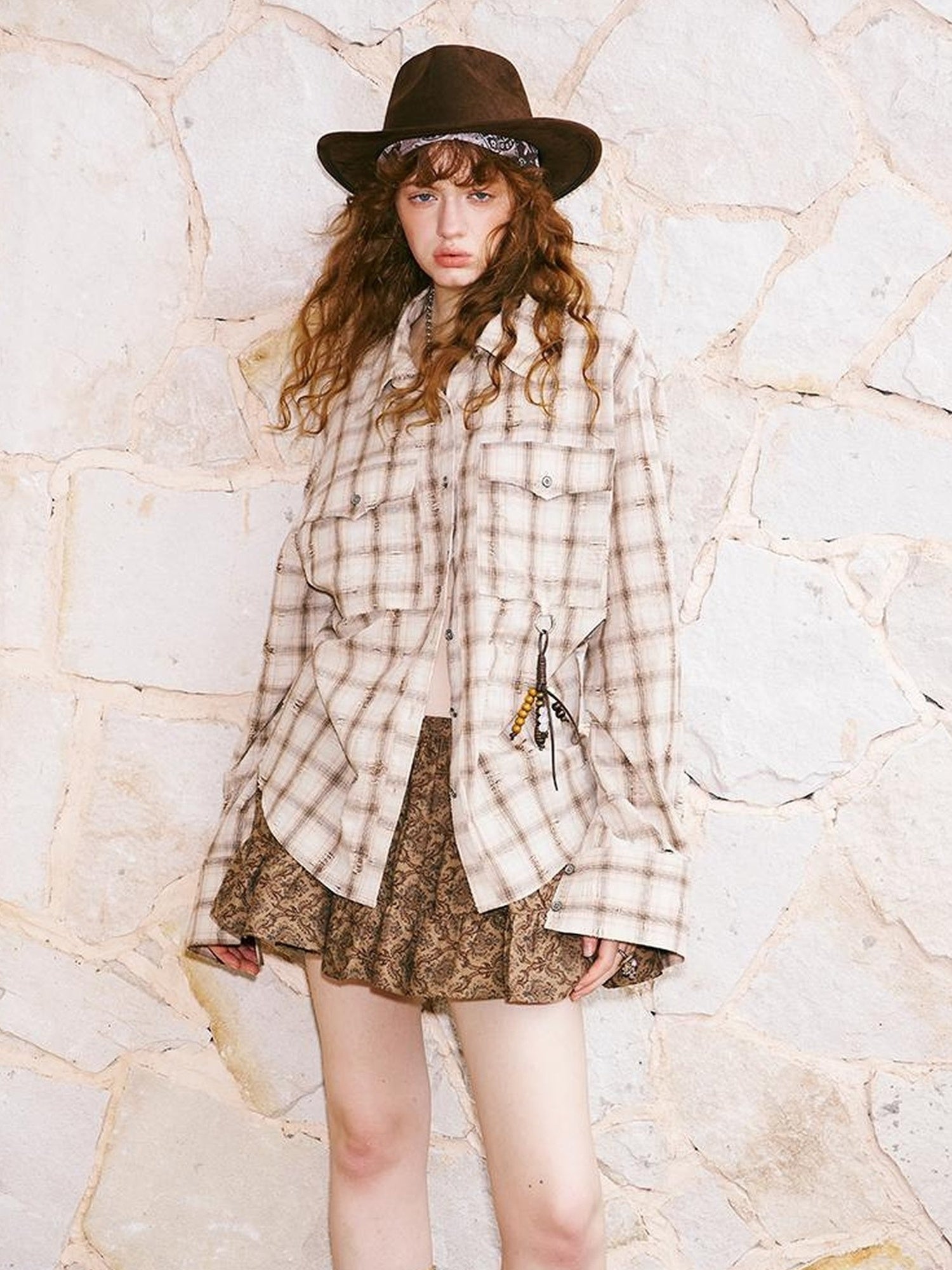 DIDDI MODA Vintage Distressed Check Pocket Shirt