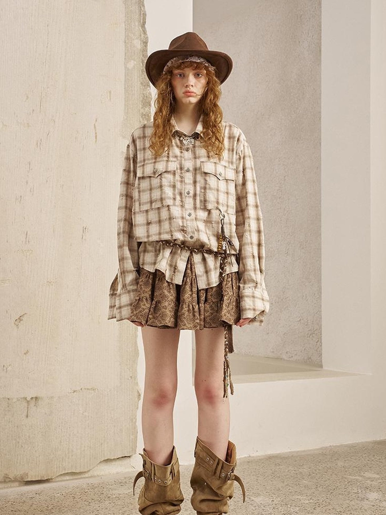 DIDDI MODA Vintage Distressed Check Pocket Shirt
