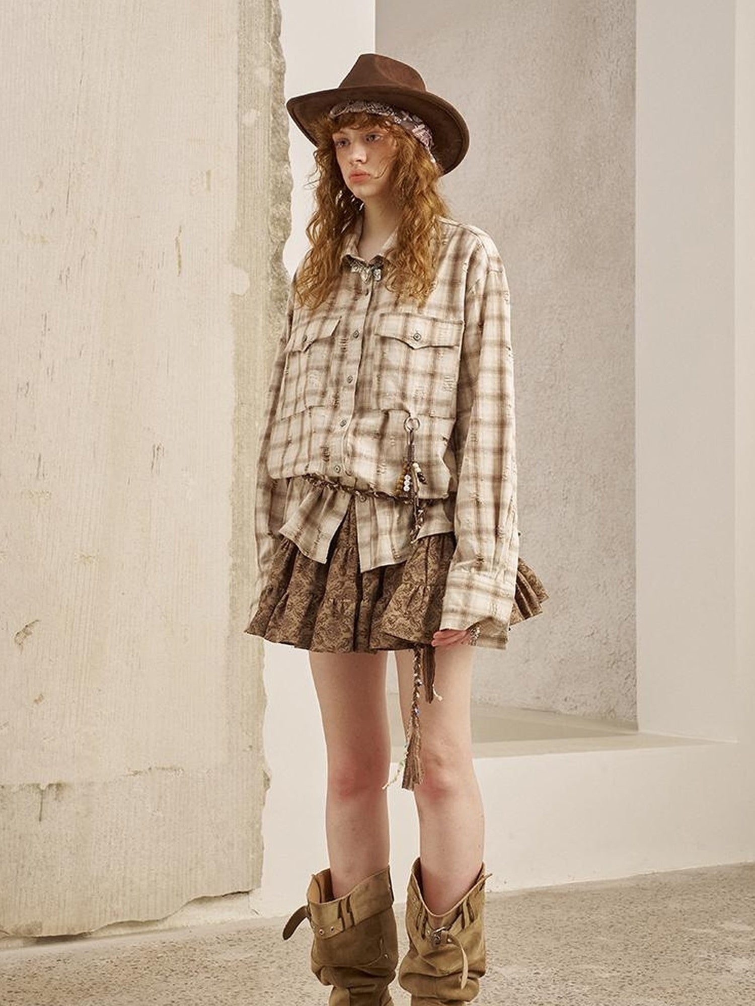 DIDDI MODA Vintage Distressed Check Pocket Shirt