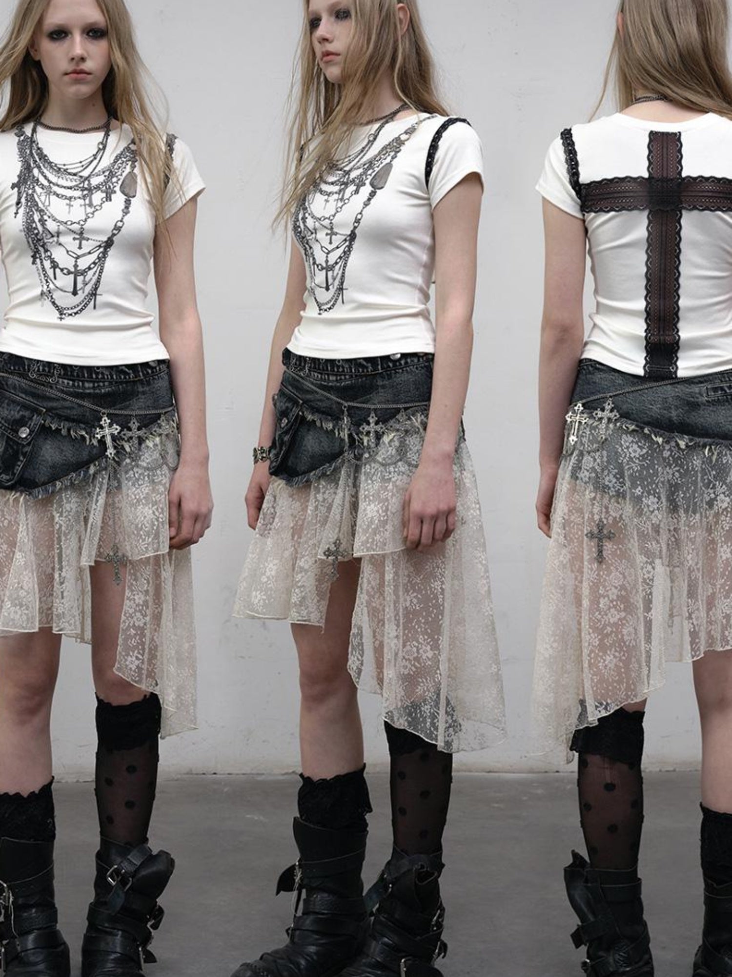 NO ROMANCE Vintage Distressed Denim Skirt Pants With Lace Trim