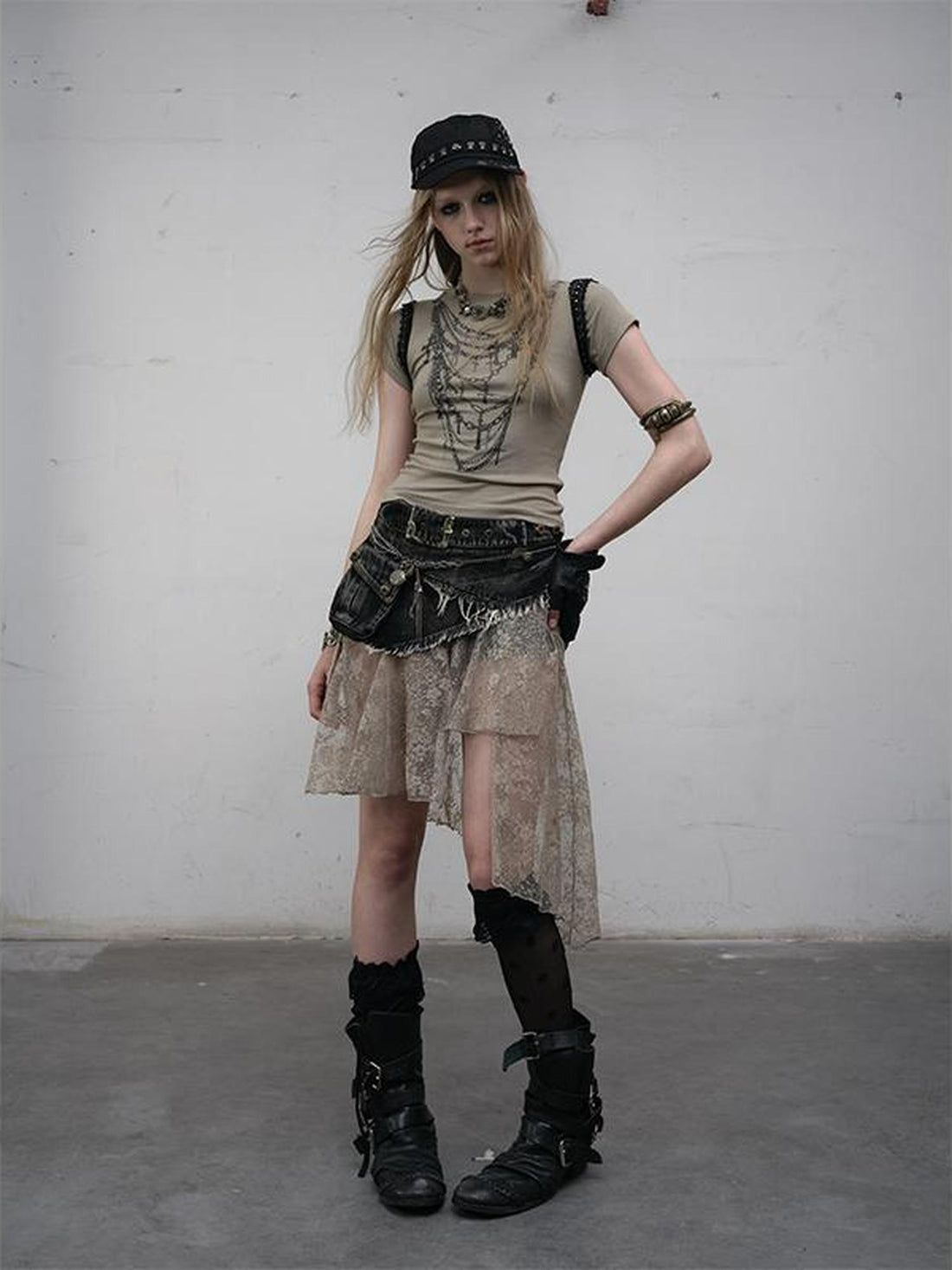 NO ROMANCE Vintage Distressed Denim Skirt Pants With Lace Trim