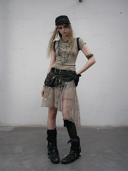 NO ROMANCE Vintage Distressed Denim Skirt Pants With Lace Trim